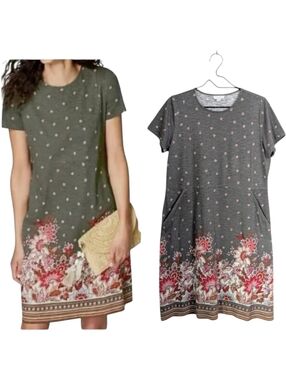 J. Jill Cotton Gray Floral T-Shirt Dress Sz M Pockets Boho Summer Brunch Casual